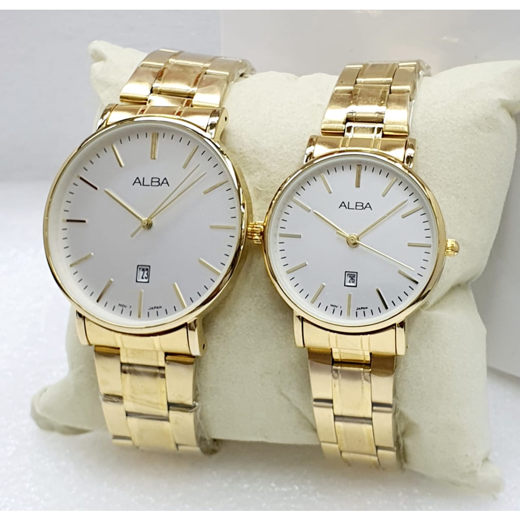 Jam Tangan Couple Fashion Alba C31604T Tali Rantai Tanggal Aktif Free Box &amp; Baterai