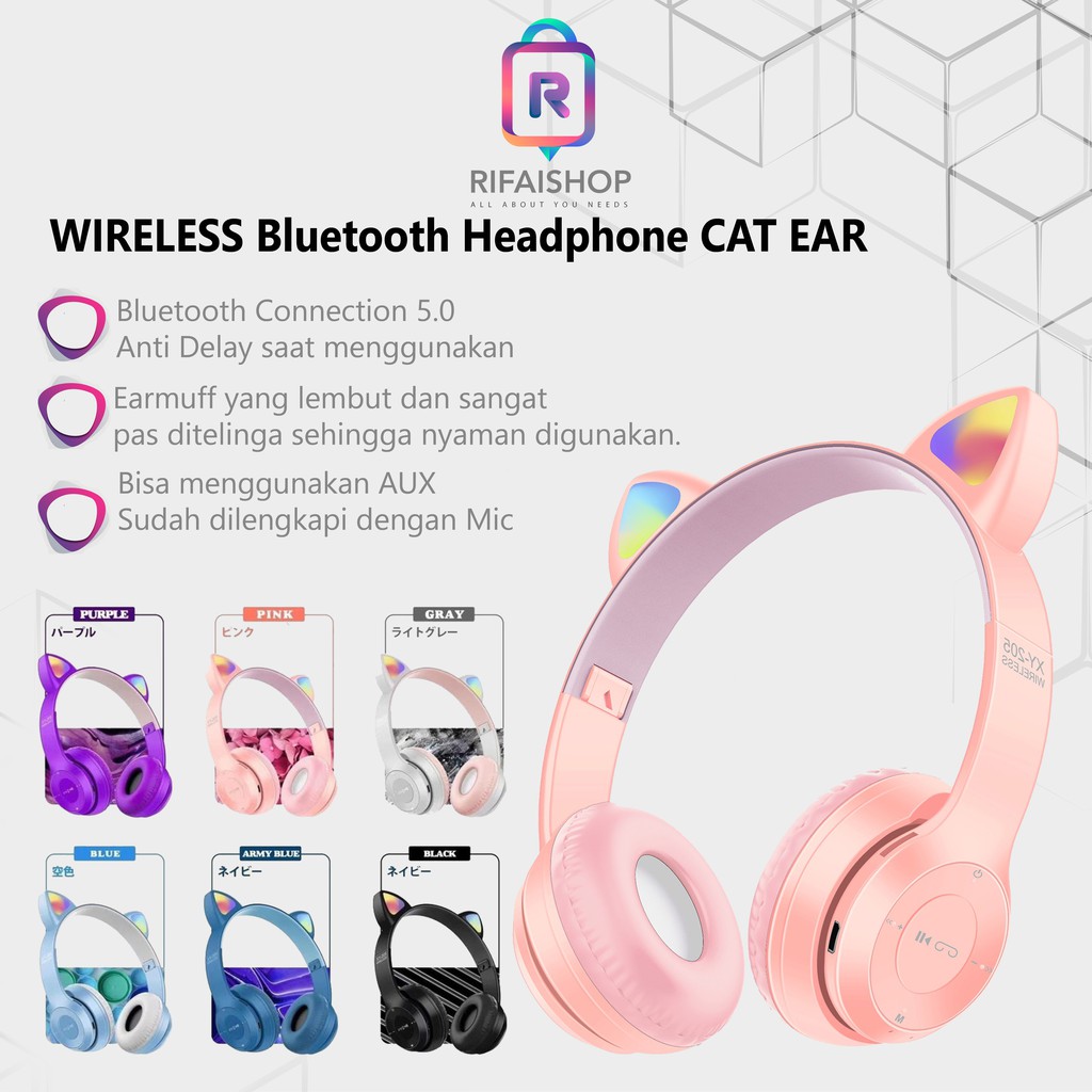 Headphone Bluetooth CAT Headphone Kucing Earphone wireless stereo bass HEADPHONE GAMING CEWEK