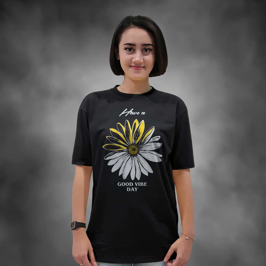 Kaos Wanita Lengan Pendek Good Vibes Warna Hitam Atasan