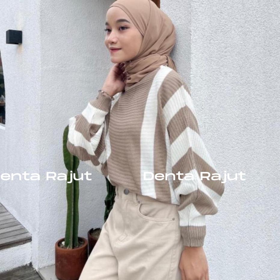 ♥IMPORT♥ RAJUT BATWING ZEBRA STRIPE SALUR KOMBINASI POLET SWEATER BLOUSE ATASAN WANITA OVERSIZE JUMB