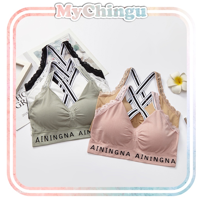 ❀ Chingu ❀ PW131 COD Sport Bra Wanita Sexy Silang Renda Olahraga Yoga Gym Nyaman Import Surabaya