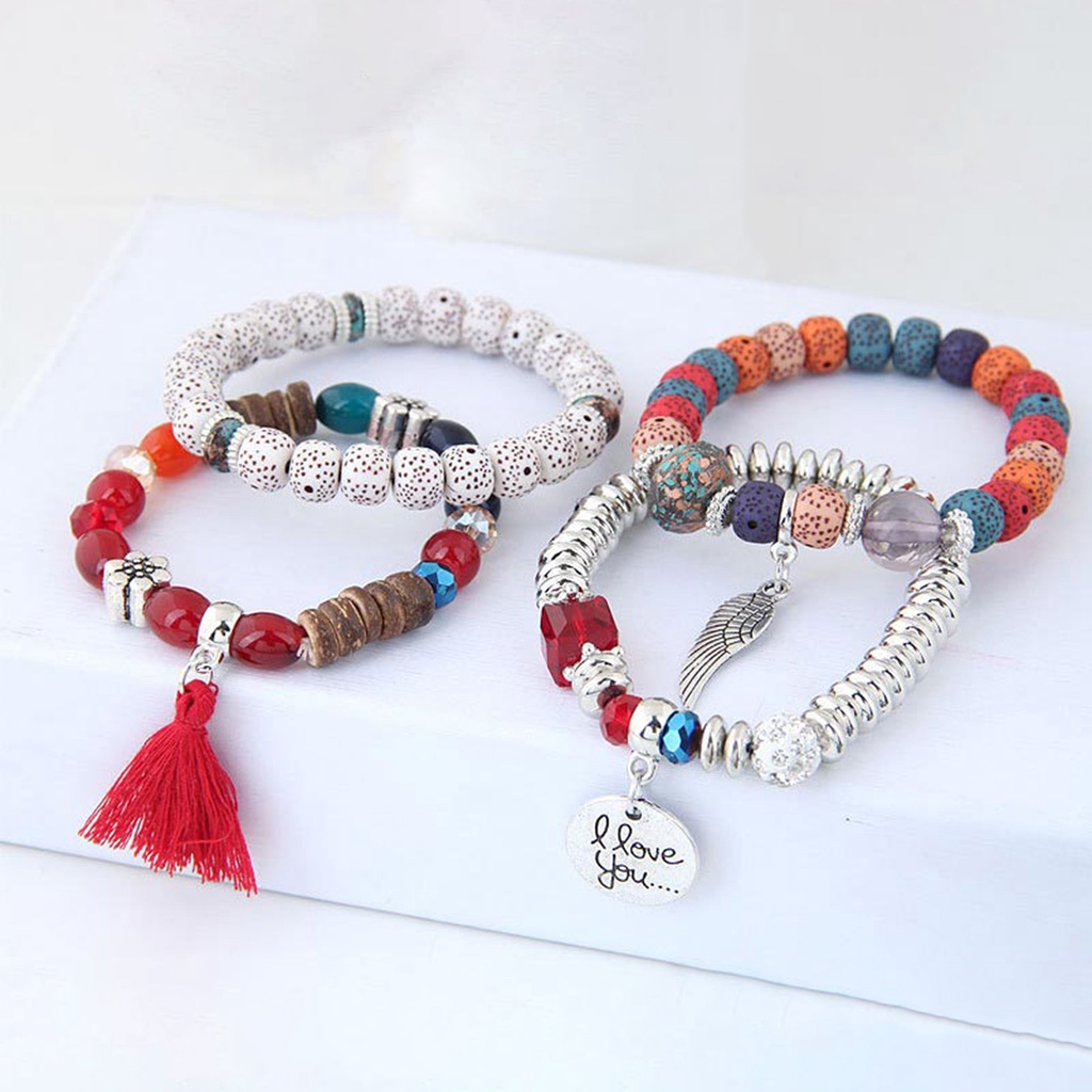 Hu Hu Hu Hu Hu Alat Bantu Pasang Kacamata♡ 4pcs / Set Gelang Manik-Manik Kayu Bahan Alloy Untuk Pesta