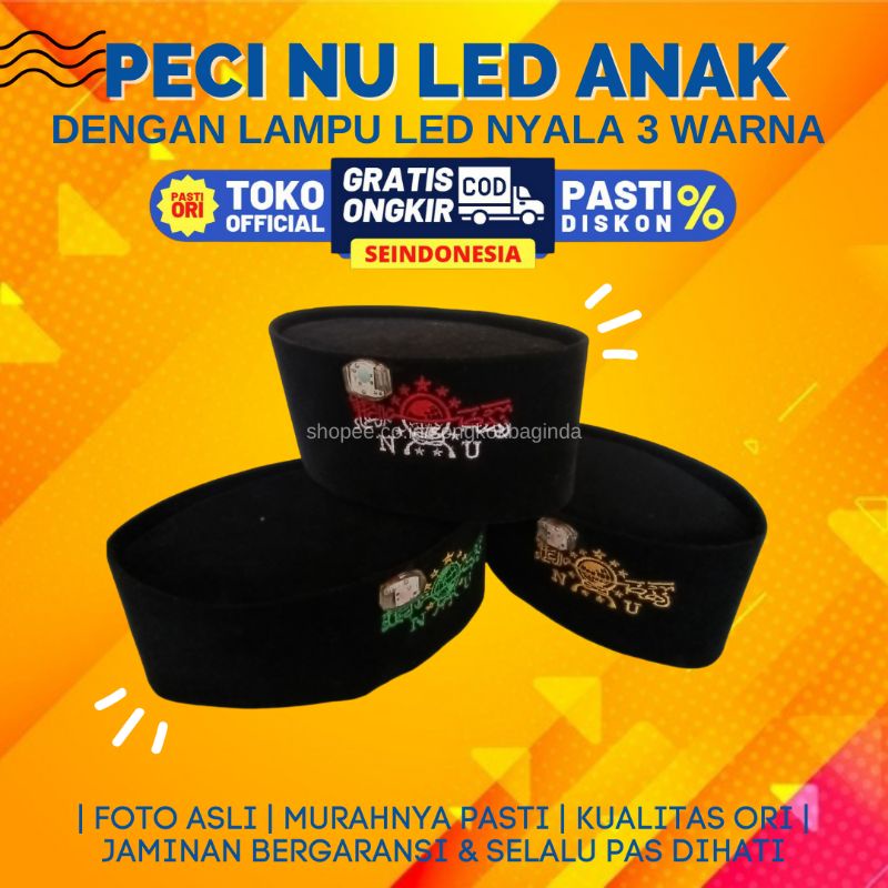 Peci Anak LED Bordir NU Songkok Lampu LED Nyala Warna Bordir Hijau Merah Putih Emas