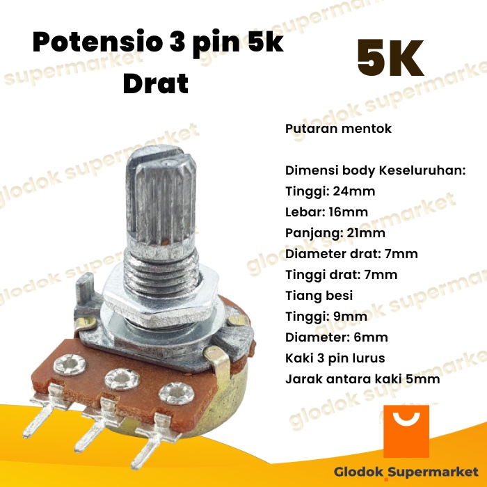 Potensio 3 pin 5k Drat Mono Kaki 3 Lurus Potentio Meter 502