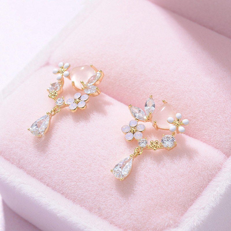 Anting Tusuk Gantung Desain Kupu-Kupu / Bunga hollow Hias Mutiara / Berlian Gaya Korea Untuk Wanita