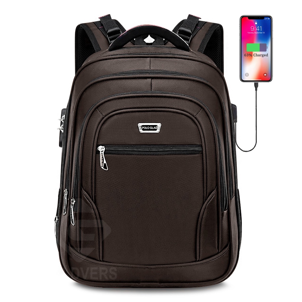 POLO GIVES Tas Ransel POLO Original Import 18 Inch + Free Raincover + Free USB Ransel Sekolah IMPORT-GLAD Kunci Coklat