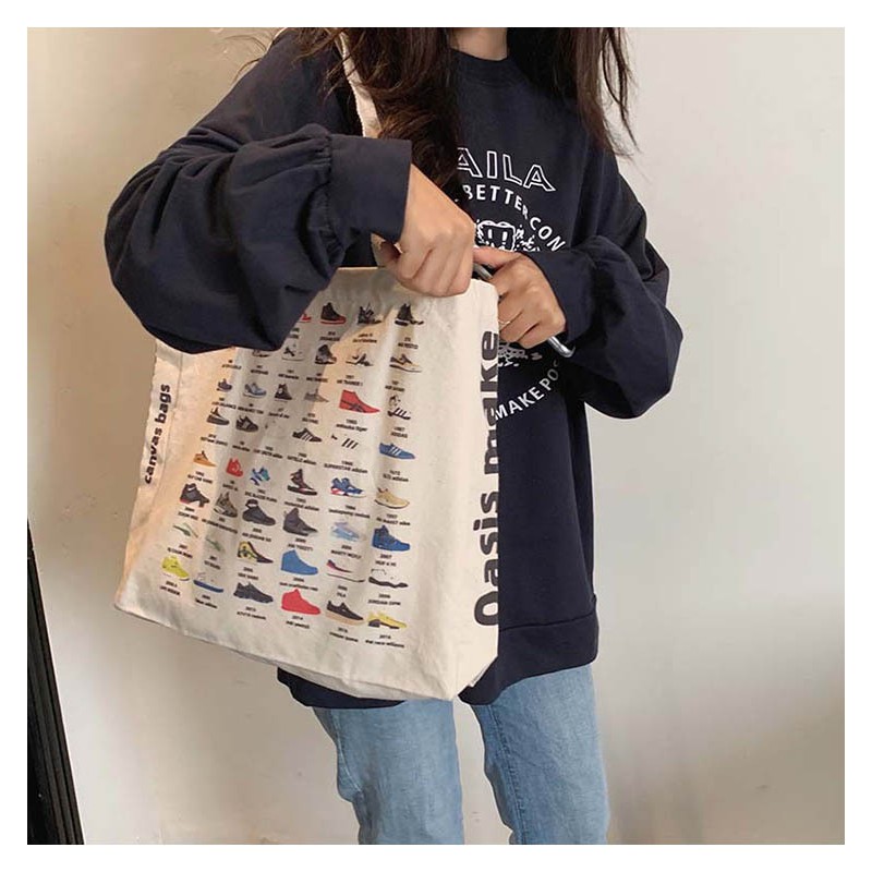 TC-02 tas canvas tote bag wanita import korea jepang simple besar jumbo sneakers