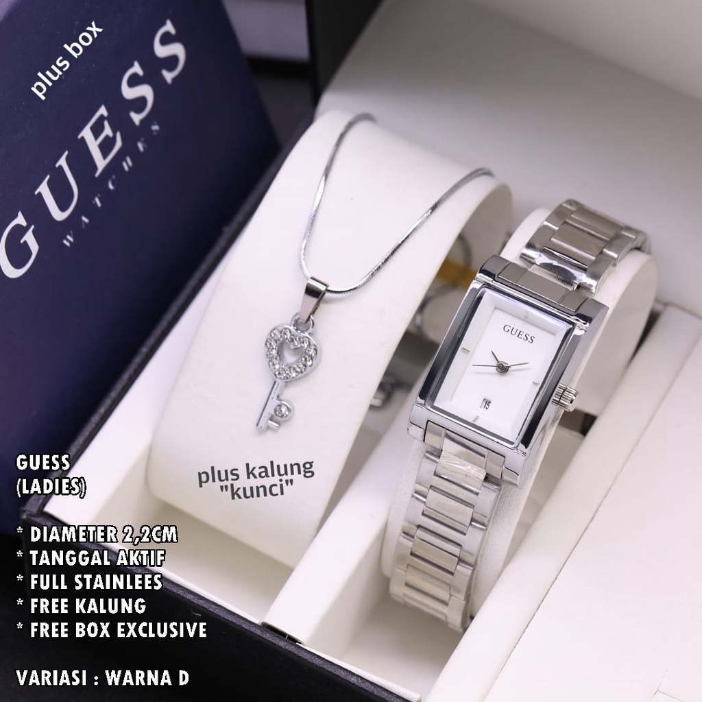 (FREE BOX) JAM TANGAN WANITA GUESS RANTAI BODY SEGI TANGGAL AKTIF FREE KALUNG