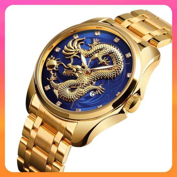 Jam Tangan Analog Pria Motif 3D Dragon Naga Stainless Steel Waterproof  Gold