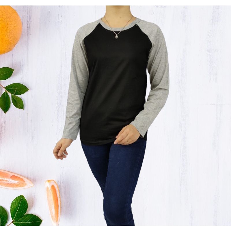 kaos polos reglan wanita (unisex) lengan panjang uk M L XL XXL-Hitam-abumisty pjg
