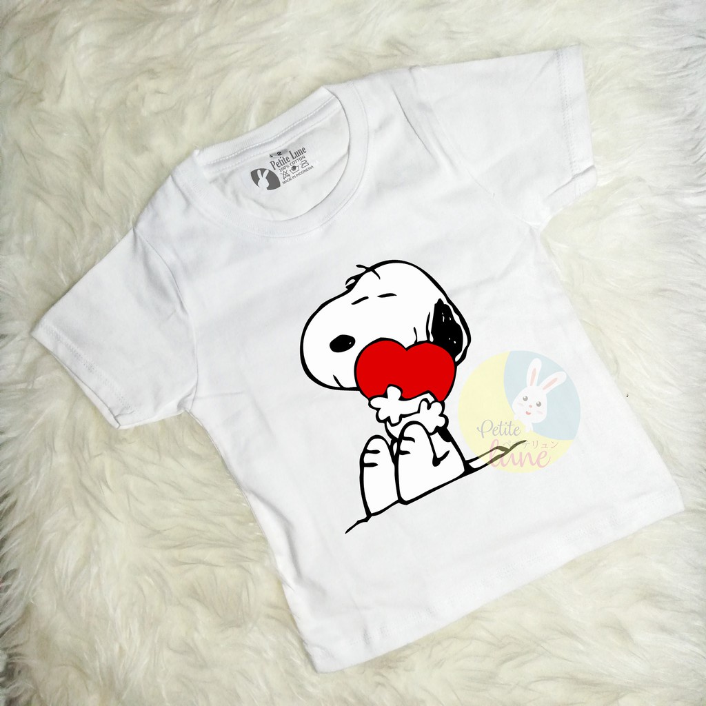 Kaos Katun Anak PREMIUM Karakter Snoopy Dog Love Cewek Cowok Unisex by Petite Lune Sanrio Marvl Bran