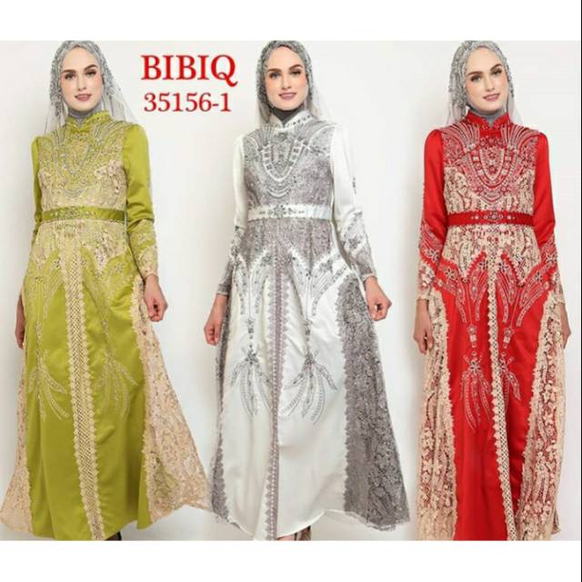 Baju Gamis Pesta Mewah Bibiq 35156 Bibiq Fashion Maxidress Baju Muslim Brokat Bahan Satin mix Brukat
