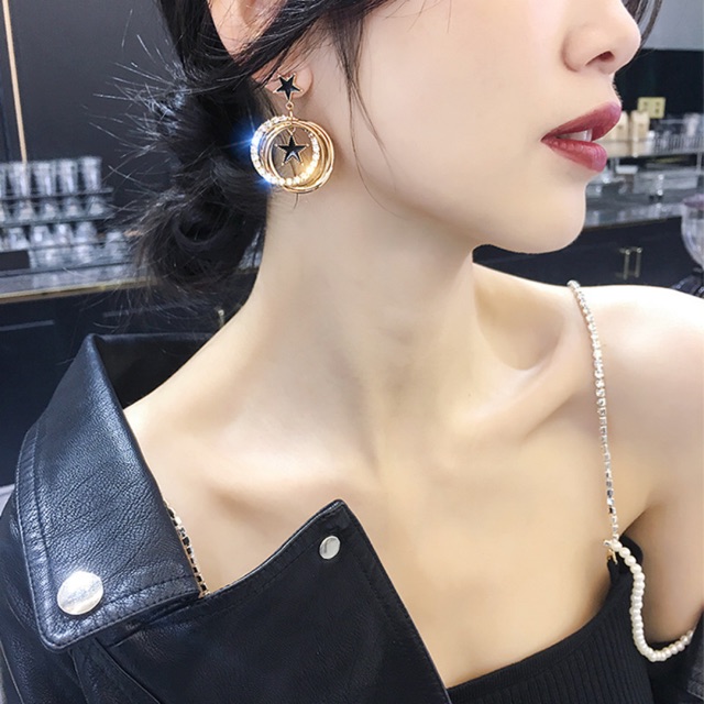 E208， 925 Perak Needle Multilayer Flash Berlian Logam Stud Earrings Korea