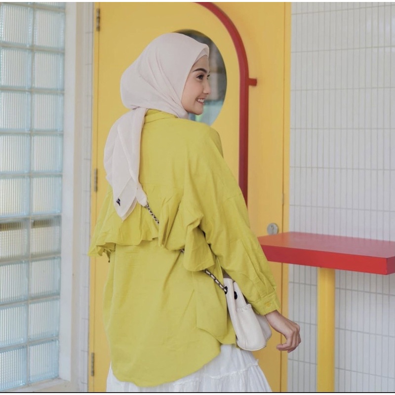 SEYHA - NINY KEMEJA REMPLE BLOUSE WANITA SHIRT PUTIH KEMEJA Lengan Panjang-Lime