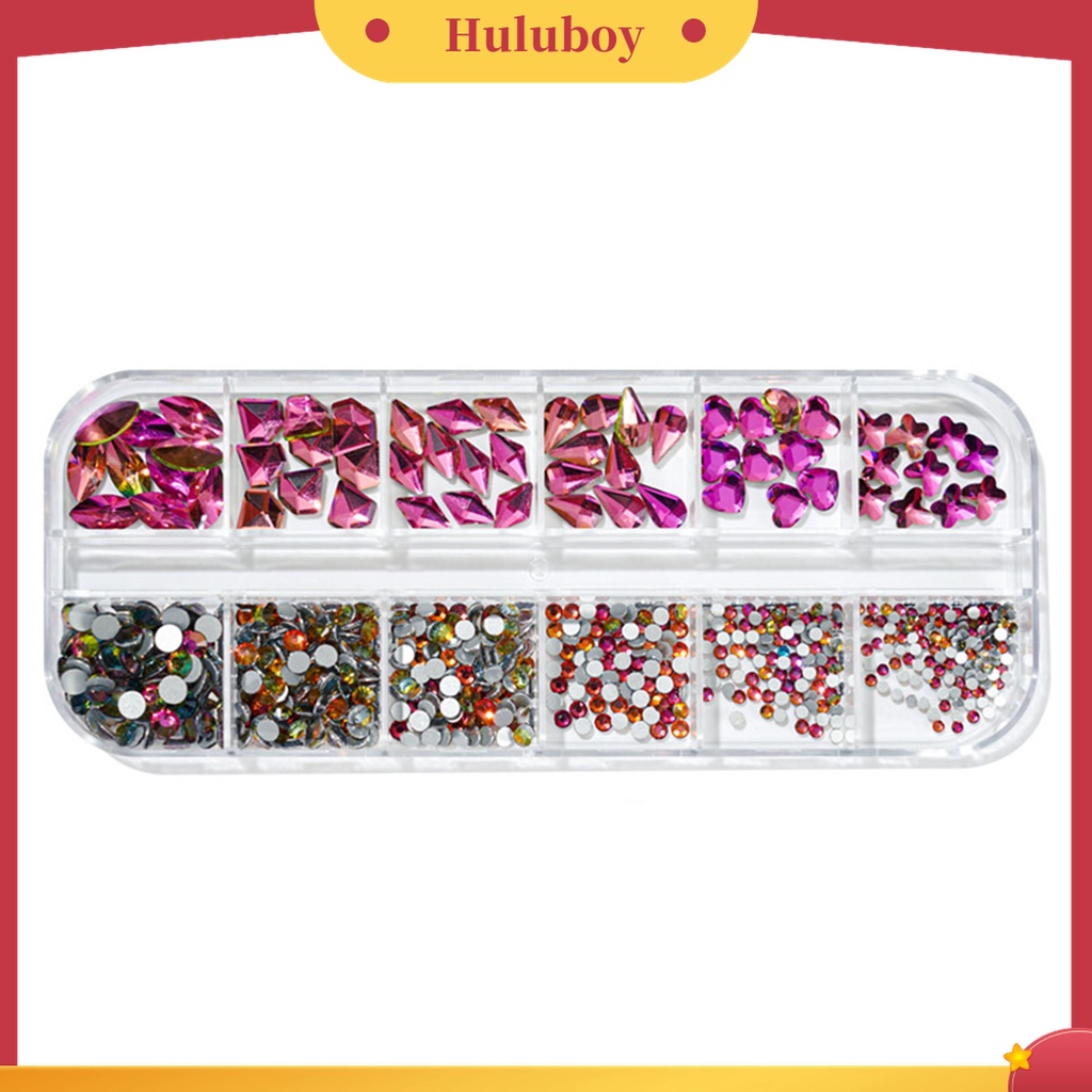 Huluboy Huluboy♡ 12 Grids / Box Berlian Imitasi Glitter Warna-Warni Untuk Dekorasi Nail Art