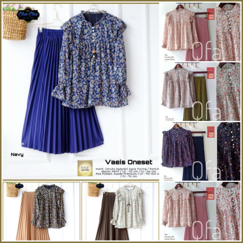 Setelan Blouse Ceruty Babydoll Wanita Baju Satu Set Atasan dan Rok Plisket Terbaru LD 110 Motif Bung