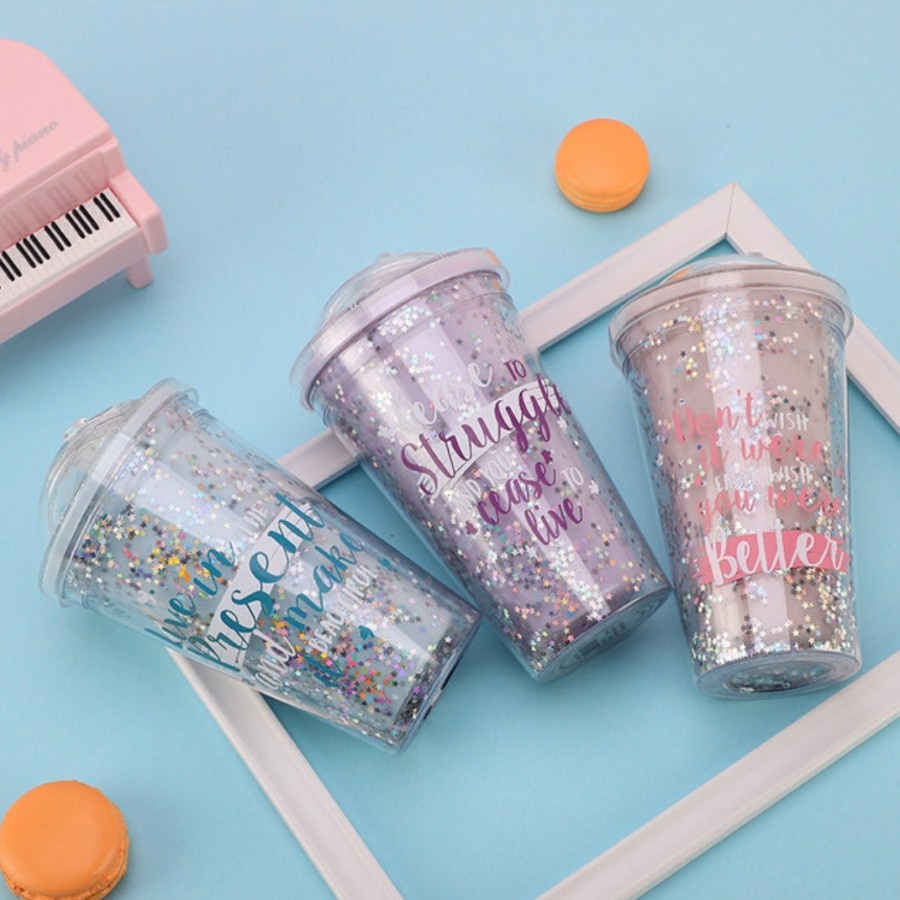 Botol Minum Glitter Gelas Glitter Tumbler Cups Blink Gelas Botol Minum Air Sedotan 450ml