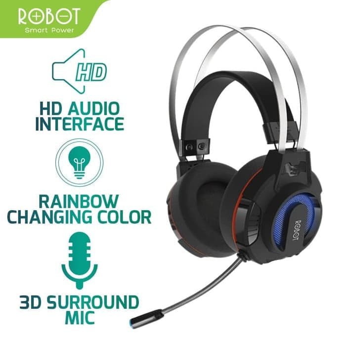 Headphone Bando Gaming ROBOT RH-G20 Wired Headset Geming With & Colour LED Light Handsfree Earphone 