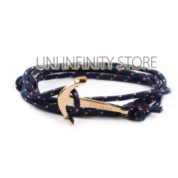 JWBR0067 Gelang Tali Lilit Hitam Biru Jangkar Emas Simple Gold Vikings Anchor Black Rope Bracelet