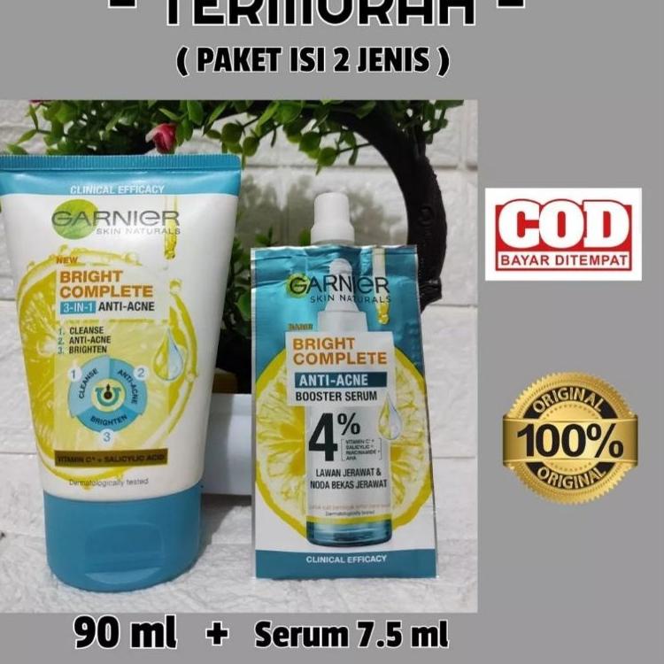 0H9 Paket ISI 2 !! Garnier Bright Complete 3 in 1 Anti Acne 90 ml + Serum Garnier Anti Acne 7.5 ml |