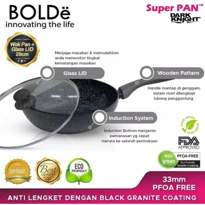 BOLDe Super Pan Wajan Wok Pan Granite Coating 28 CM + Glass Lid Tutup Kaca Dark Knight Black Edition