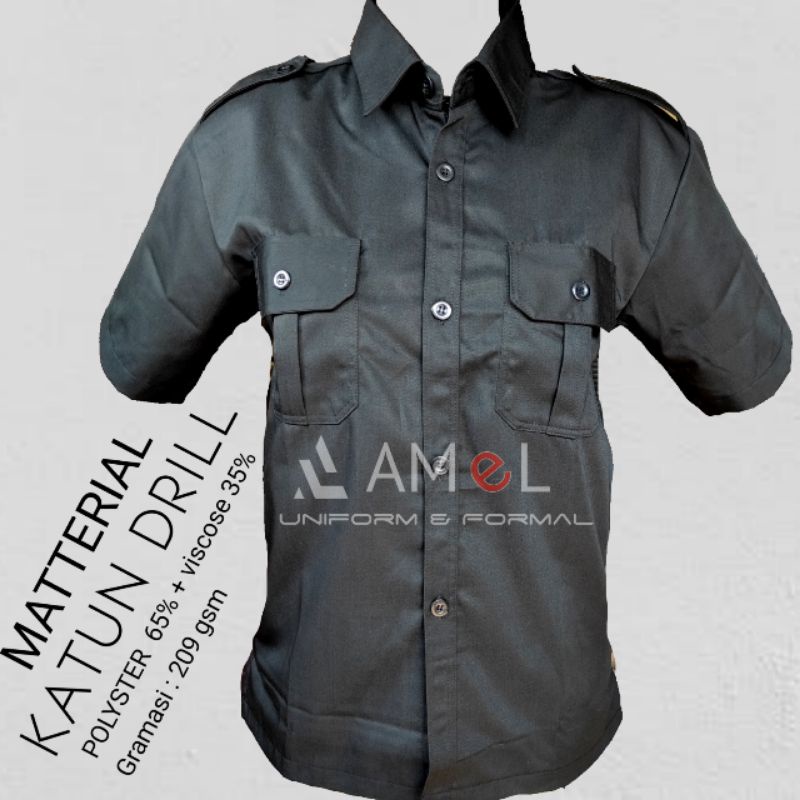 Baju PDH Hitam Lengan Pendek mattt japan drill tebal elegan