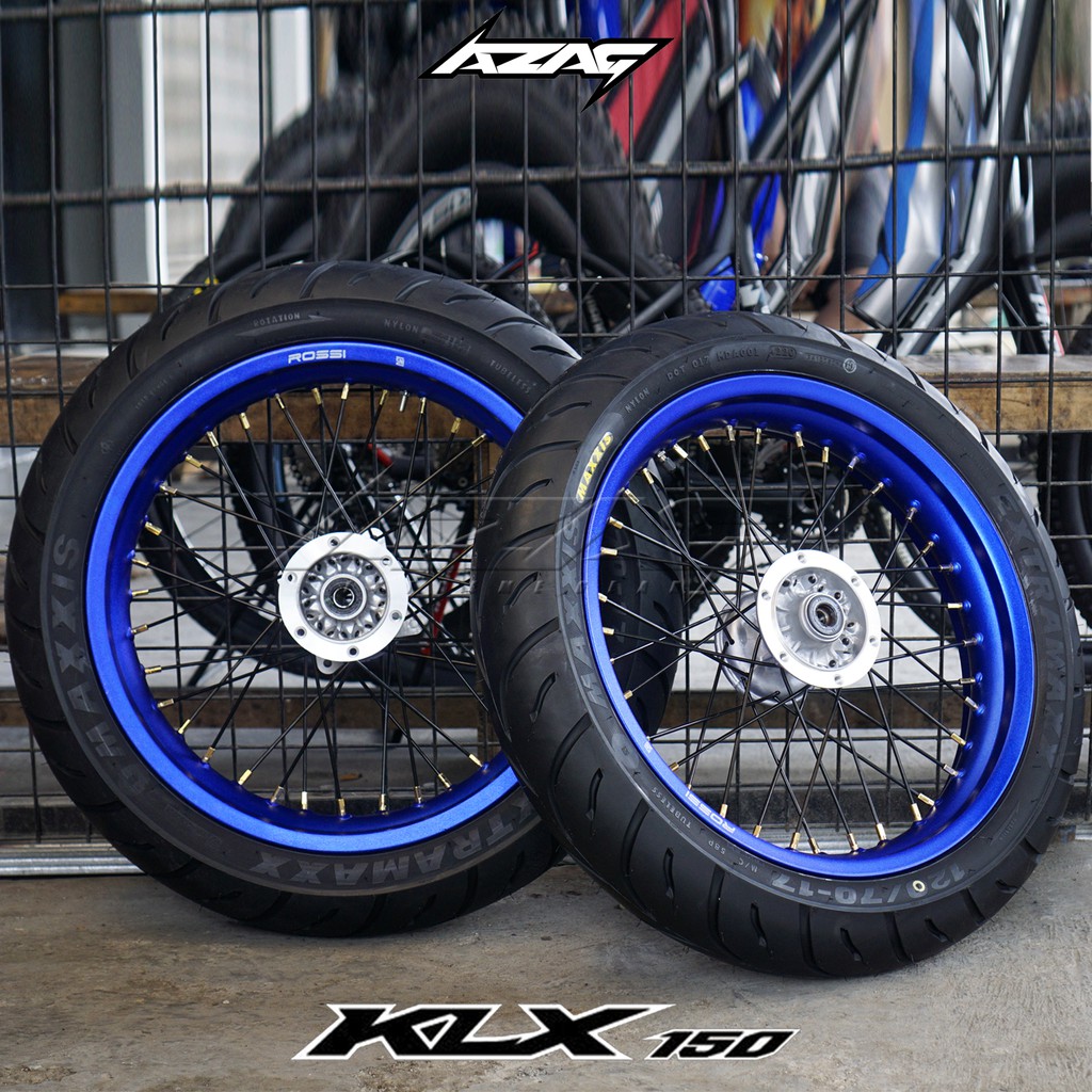 WHEELSET BAN SET SUPERMOTO KLX150 VELG ROSSI TROMOL ORIGINAL MAXXIS EXTRAMAXX