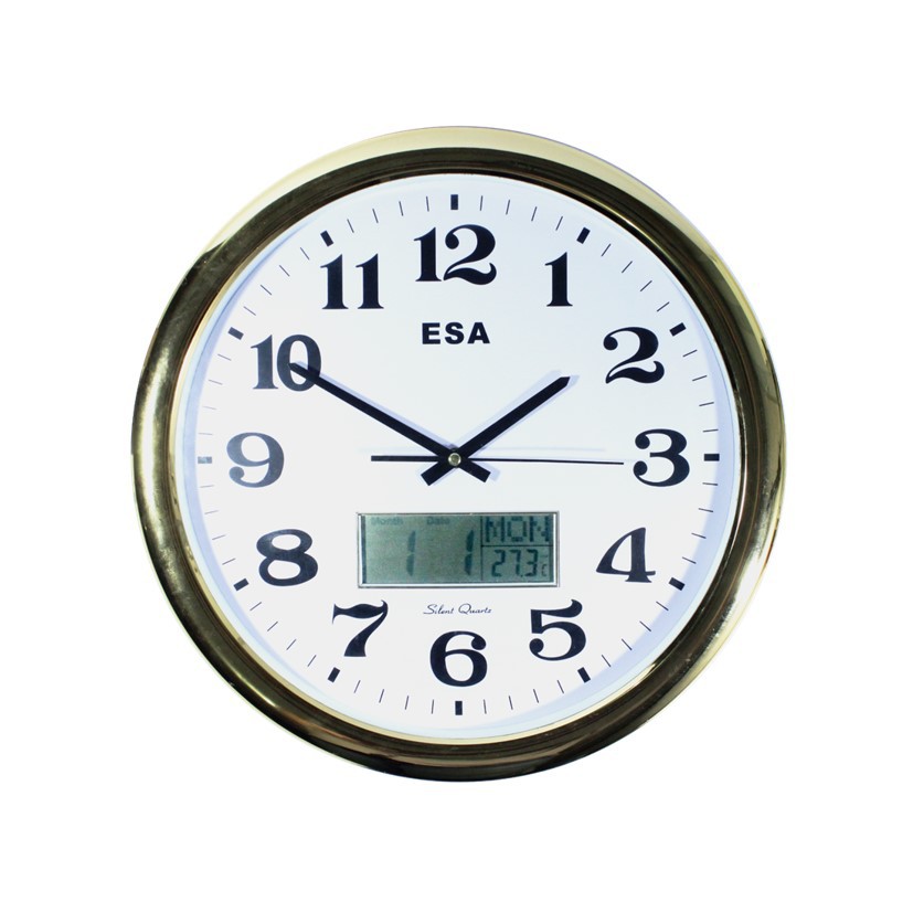 Jam Dinding Digital LCD Dual Mode Analog Wall Clock 43cm Gold Sweep Movement Free Baterai ES639