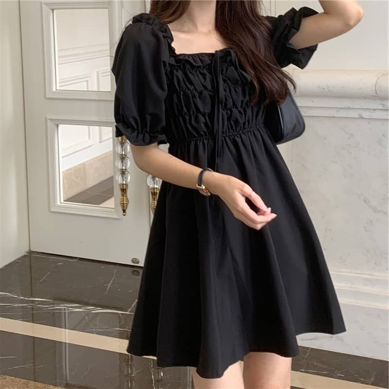 Baju Dress Gaun Korea Mini Midi Flare Katun Karet Hitam Polos Lengan Pendek Pesta Ramping Wanita Dew
