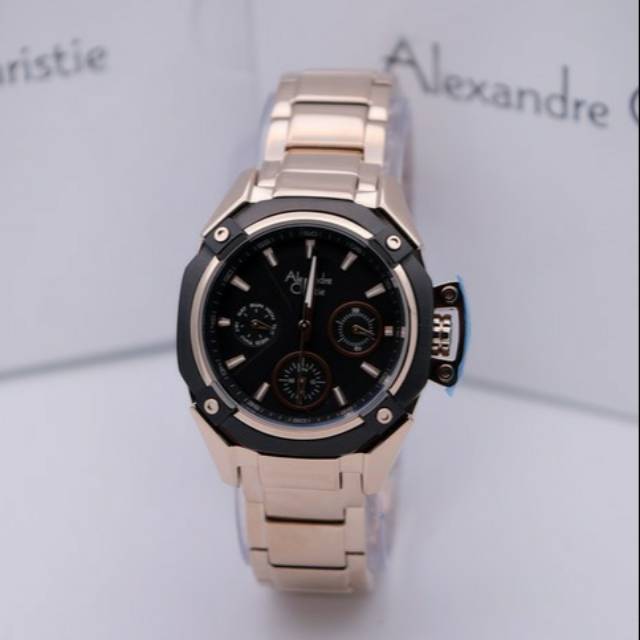 Jam Tangan Wanita Alexandre Christie AC 6225 Ladies Gold Black Original