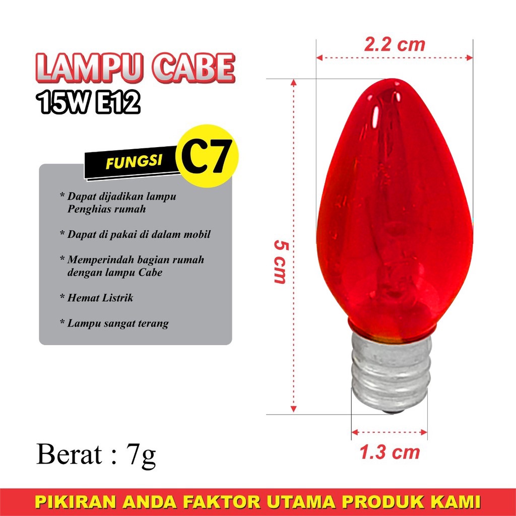 Lampu Cabe E12 E 12 C7 10W 10 W Merah Biru Kuning Hijau Putih 10 Watt