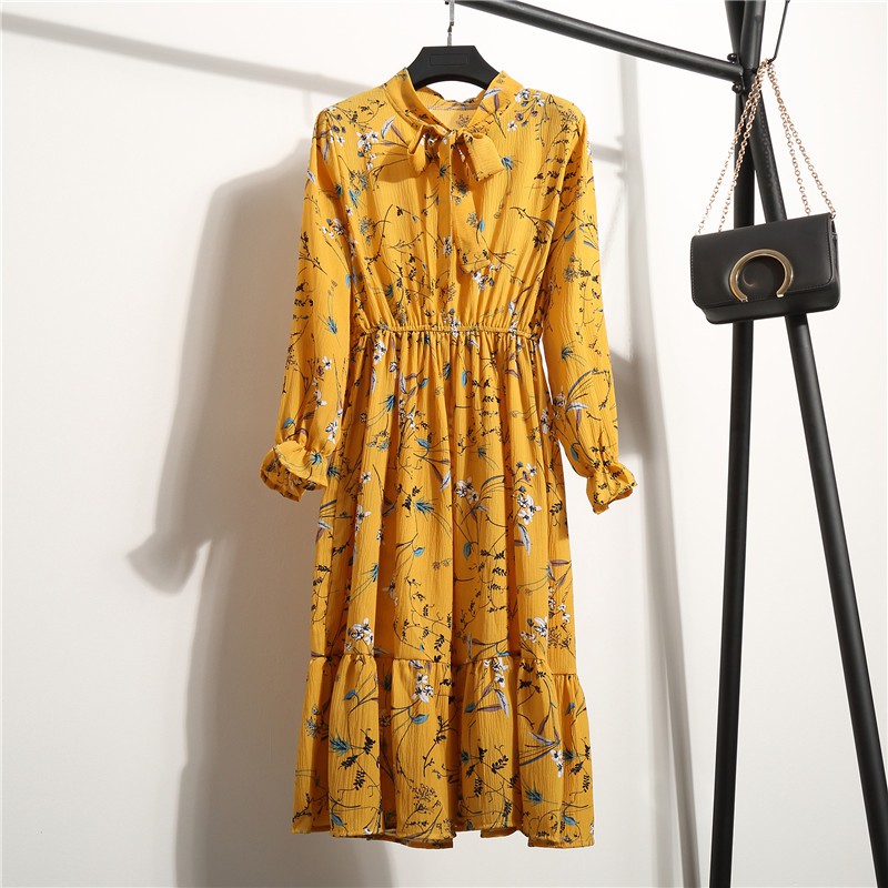Dress Floral Wanita Lengan Panjang dengan Bahan Chiffon