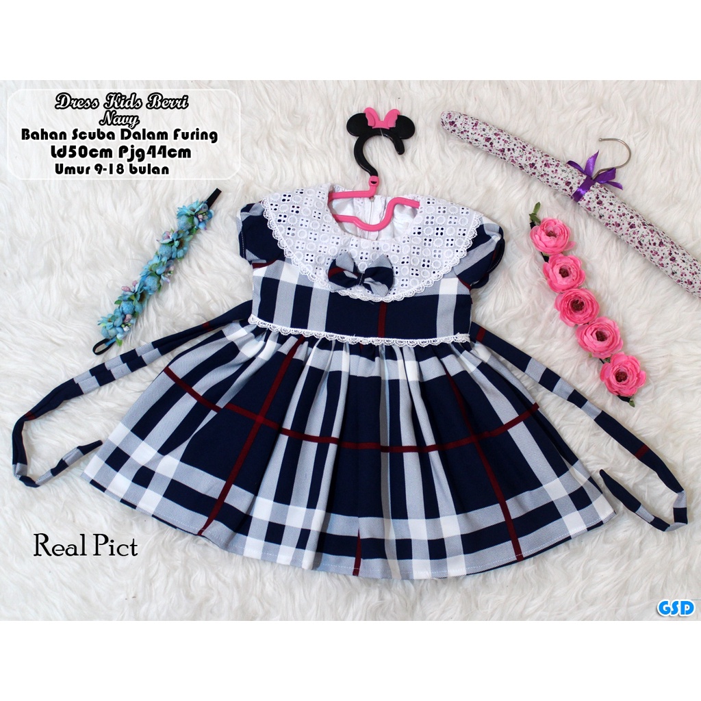 Dress Kids Berri/Gaun Bayi Motif Kotak Impor / Dress Baby Renda Berri Kids 9-12 Bulan/ Baju Jalan