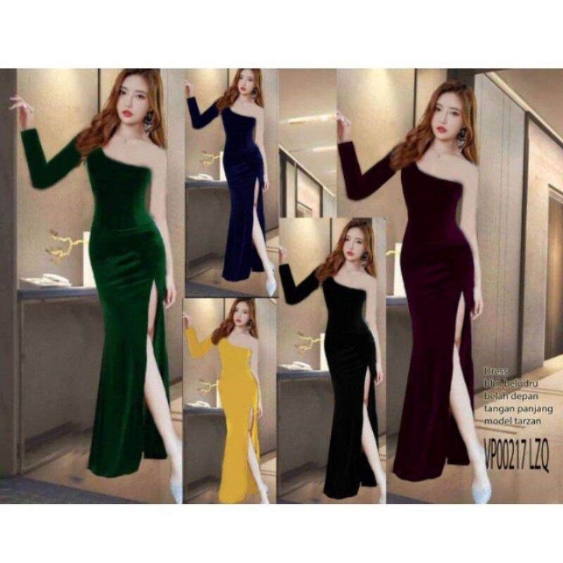Long Dress Tarzan 2731 Bahan Bludru Belah Depan Tangan Panjang Model Tarzan