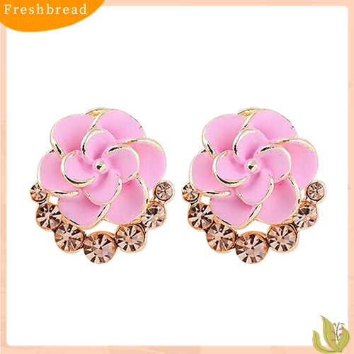 Fresh| Anting Tusuk Motif Bunga Peony / Camellia Bahan Alloy Hias Berlian Imitasi Untuk Wanita / Pesta