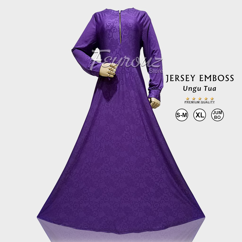Gamis Dress Jersey Motif Emboss Relief Ungu Tua Size M XL Jumbo