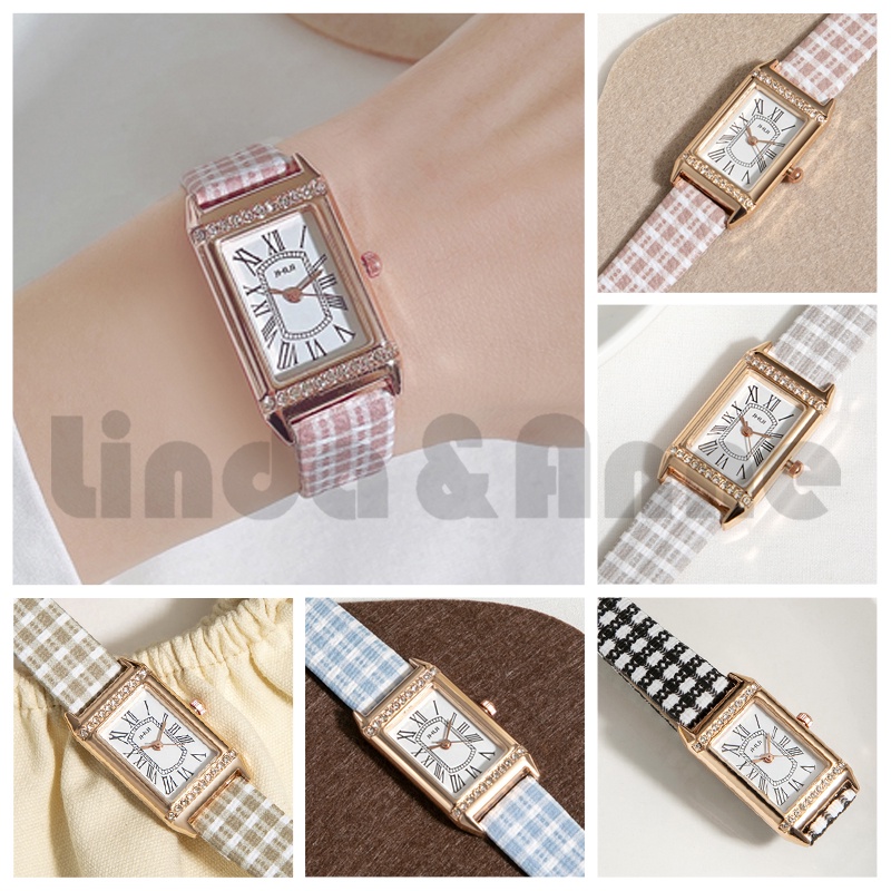 Jam Tangan Wanita Analog Romawi Dial Persegi Strap Pu Motif Kotak Kekinian