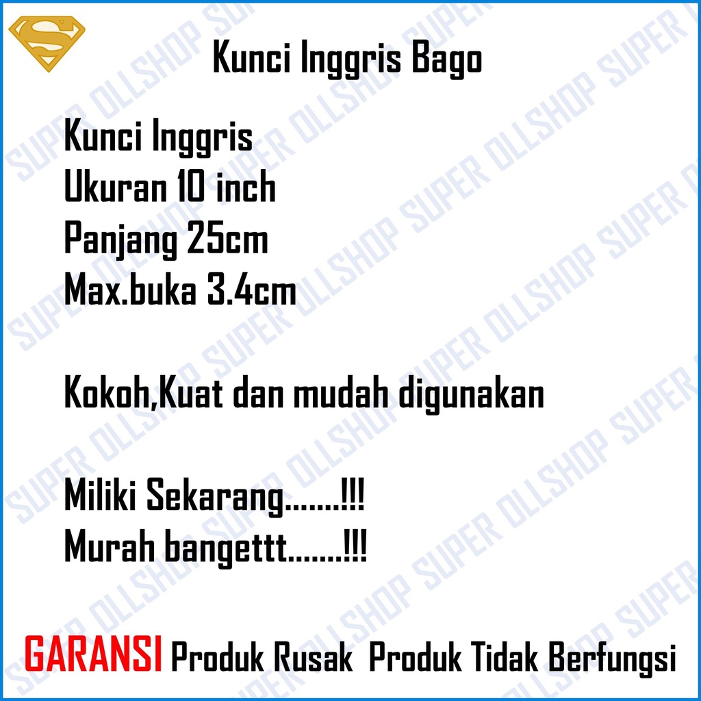 Kunci Bago Ingris Bako Inggris Baco Adjustable Wrench 10 Inch 250 Mm