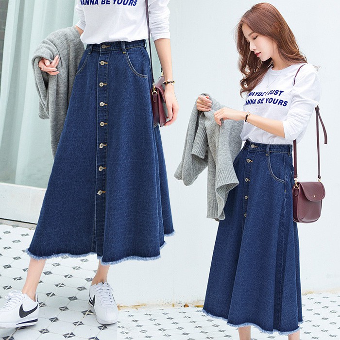 KARAKOREA 6182 Yuri Denim Skirt/Rok Panjang/Rok denim jeans/Rok jeans wanita/Rok Jeans Korea/Rok wanita