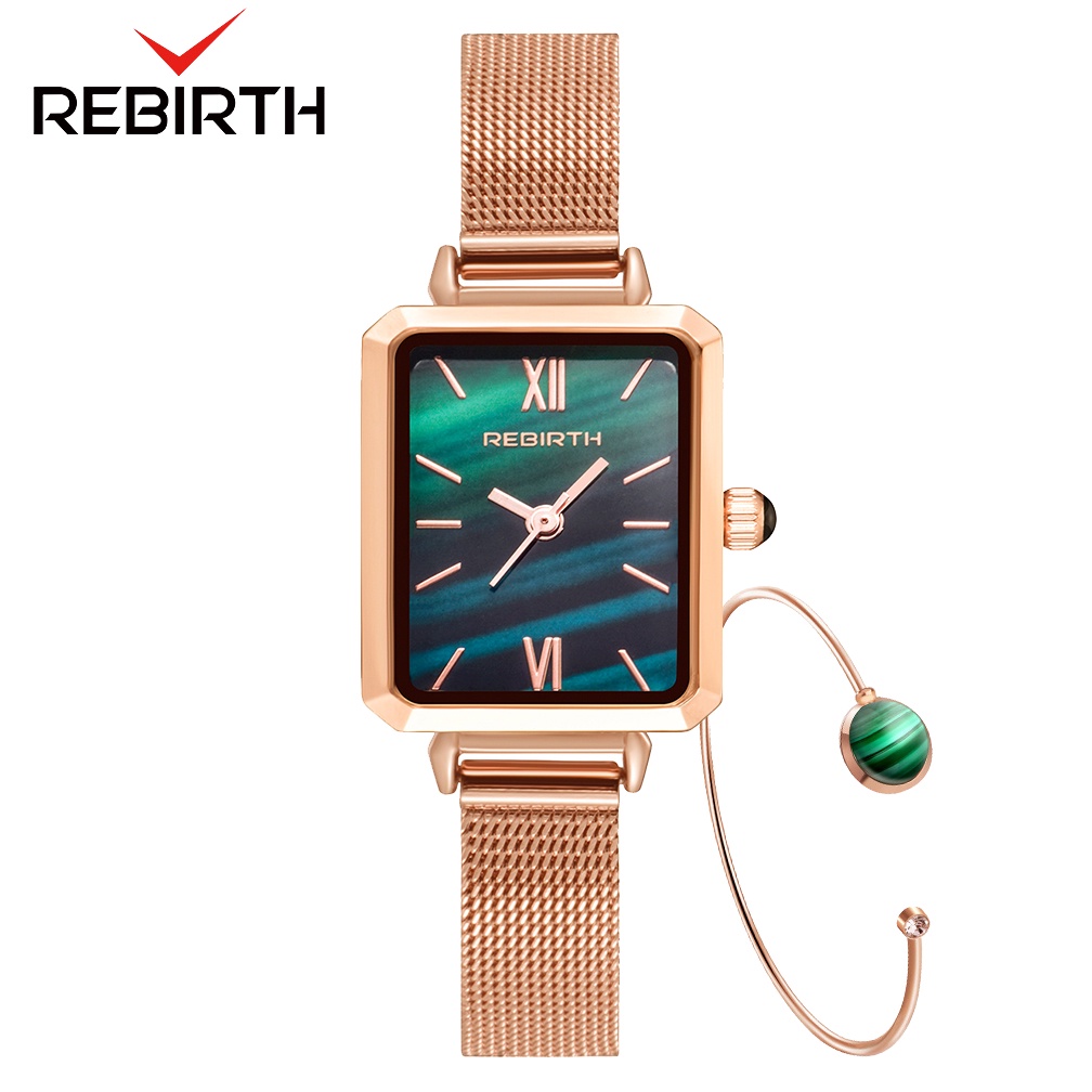 REBIRTH Jam Tangan Wanita Santai Mode Gaya Hijau Tali Kulit Jam Tangan Cewek-RoseGold+Gelang