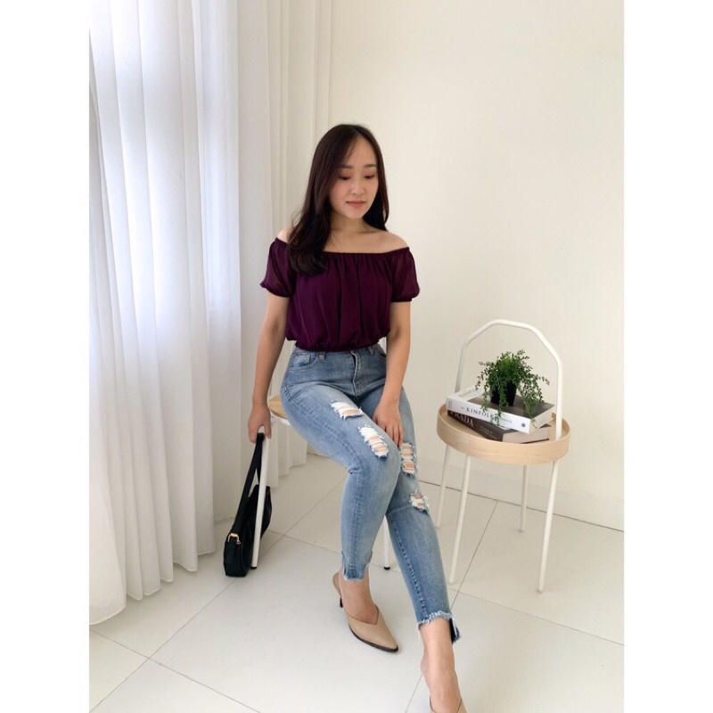 Top Korea Sabrina Chiffon Tangan Pendek