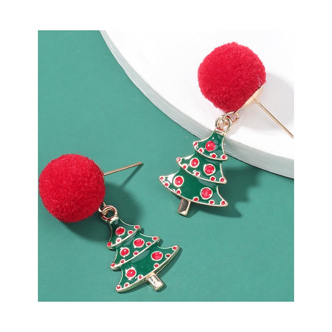 LRC Anting NATAL Fashion Christmas Tree With Red Balls Hair Ball Alloy Oil Dripping Christmas Tree