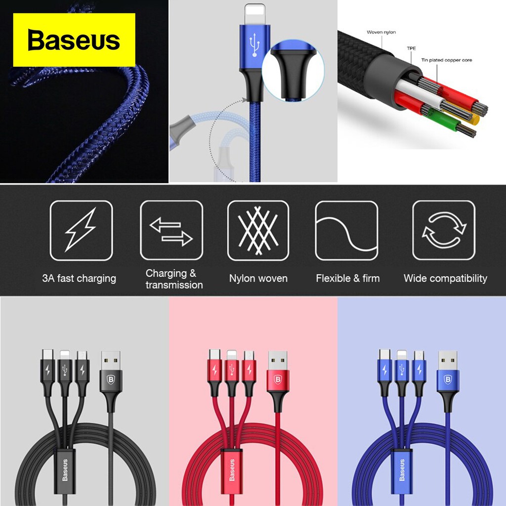 Baseus Rapid Series 3 in 1 Cable Micro Usb + Lightning + Type C 3A