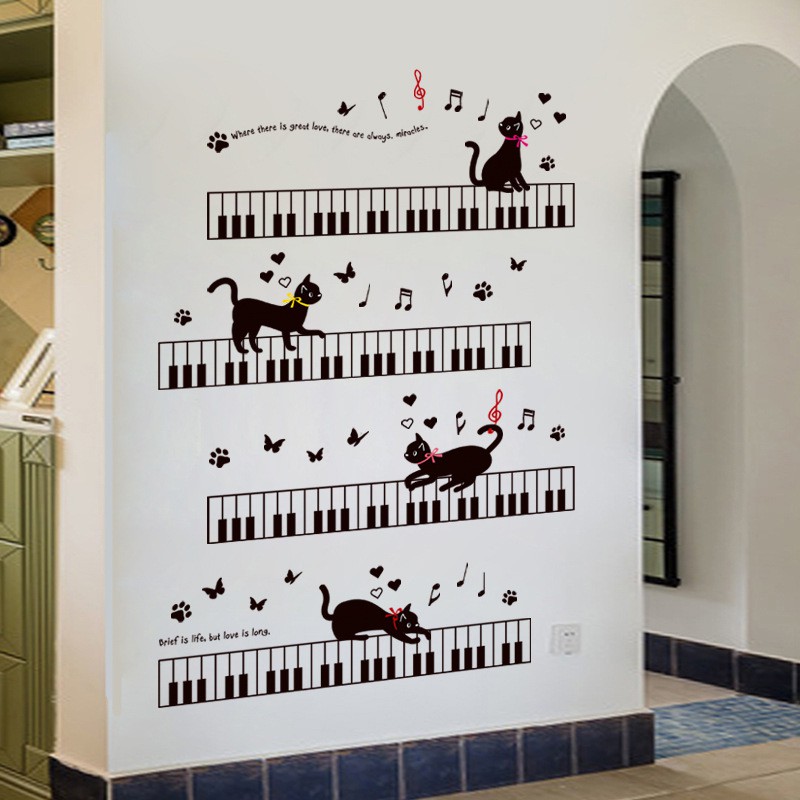 RELIZA WALL STICKER MELODY PIANO MUSIK NOTE NADA KUCING CAT BUTTERFLY STIKER DINDING XL8254