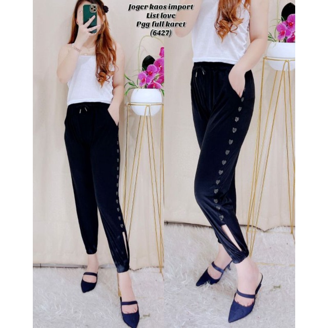 Jogger Wanita Import List Putih Love Bahan premium