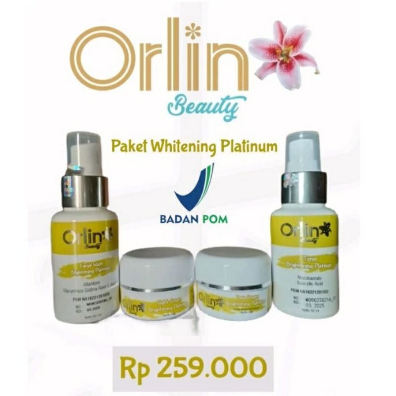 ORLIN BEAUTY SKINCARE PAKET WHITENING PLATINUM GLOWING PELICIN PEMUTIH WAJAH BPOM AMAN