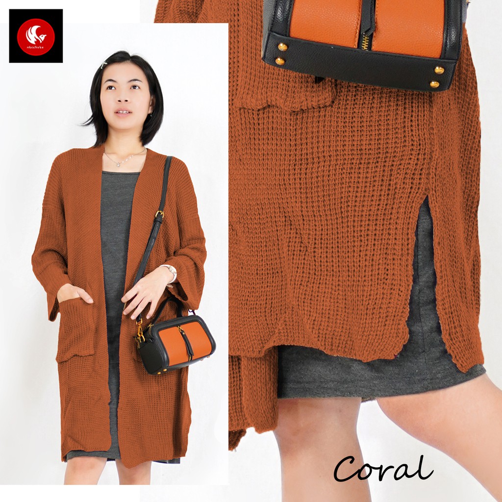 OKECHUKU Lavella Long Cardigan Wanita Outer Wanita Cardigan Rajut Oversize-Coral