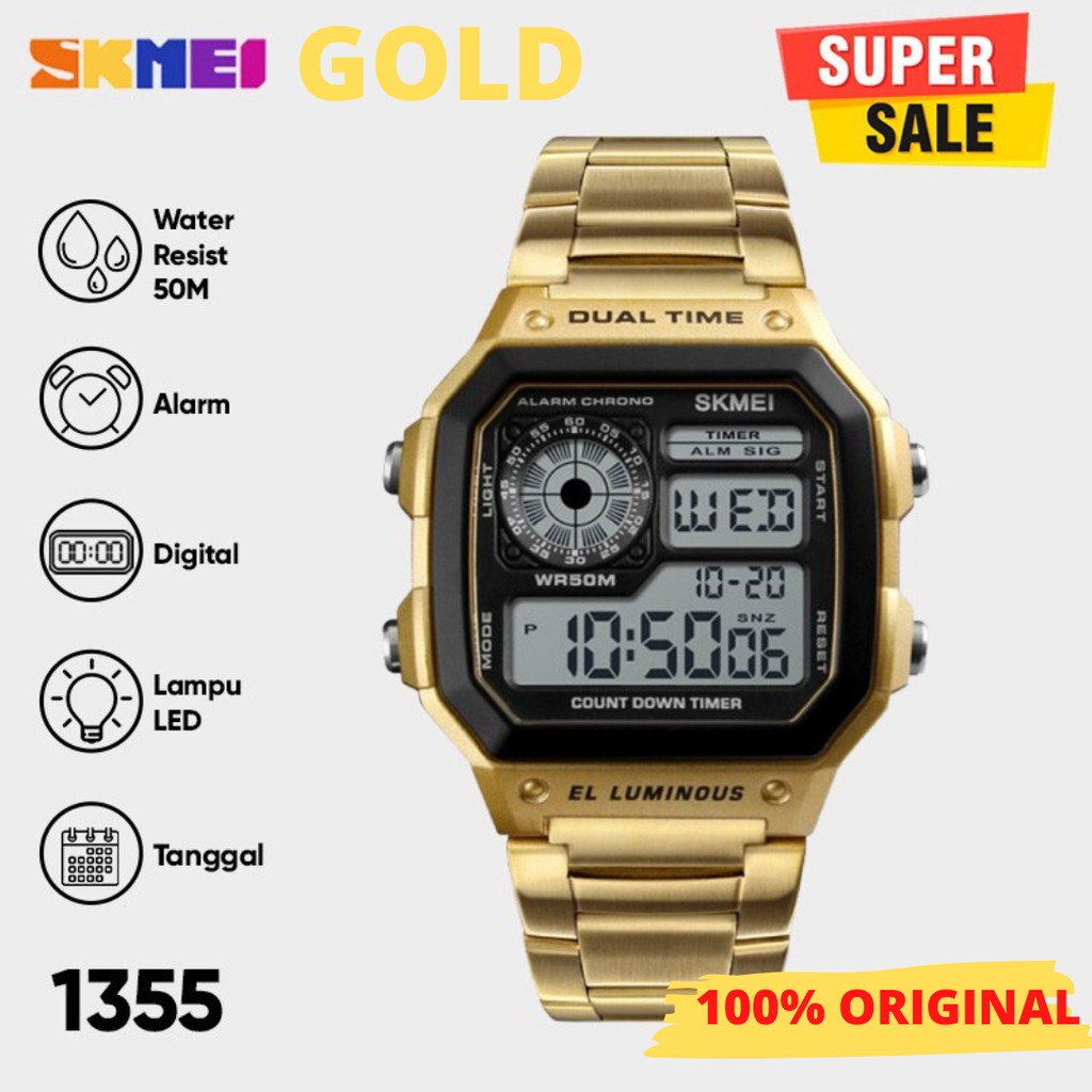ASLI  Jam tangan digital keren pria emas gold original 100% skmei asli Stainless Steel waterproof an