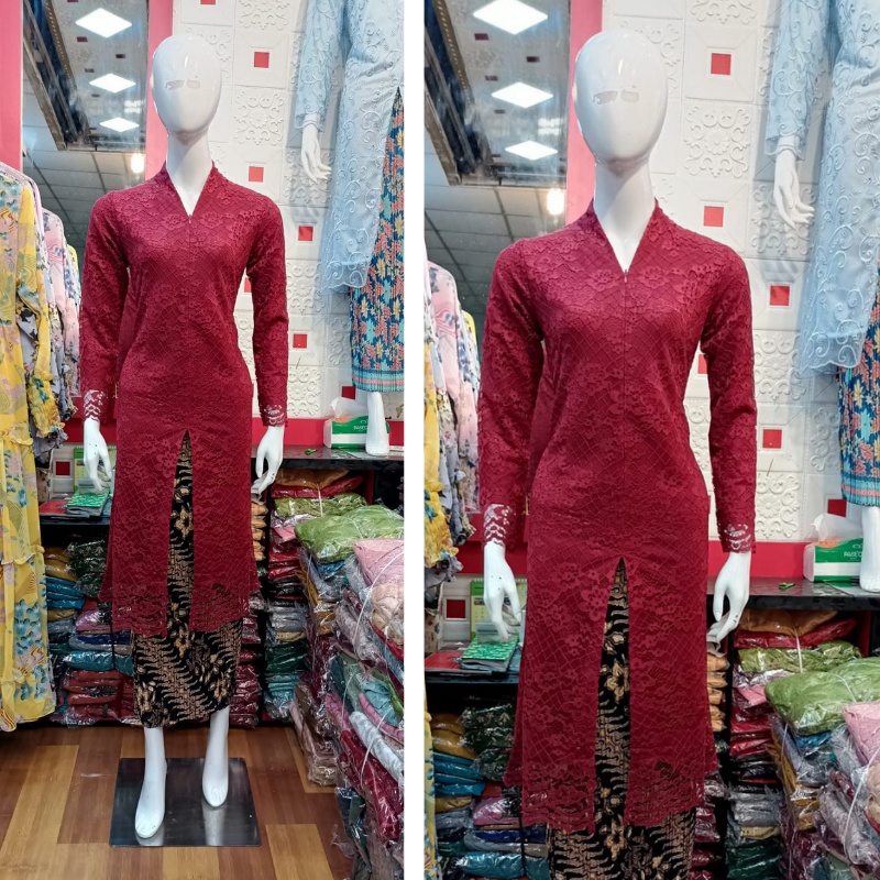 Satu setel kebaya moderen bahan tulle lengan panjang ukuran m l xl xxl-SET MERAH