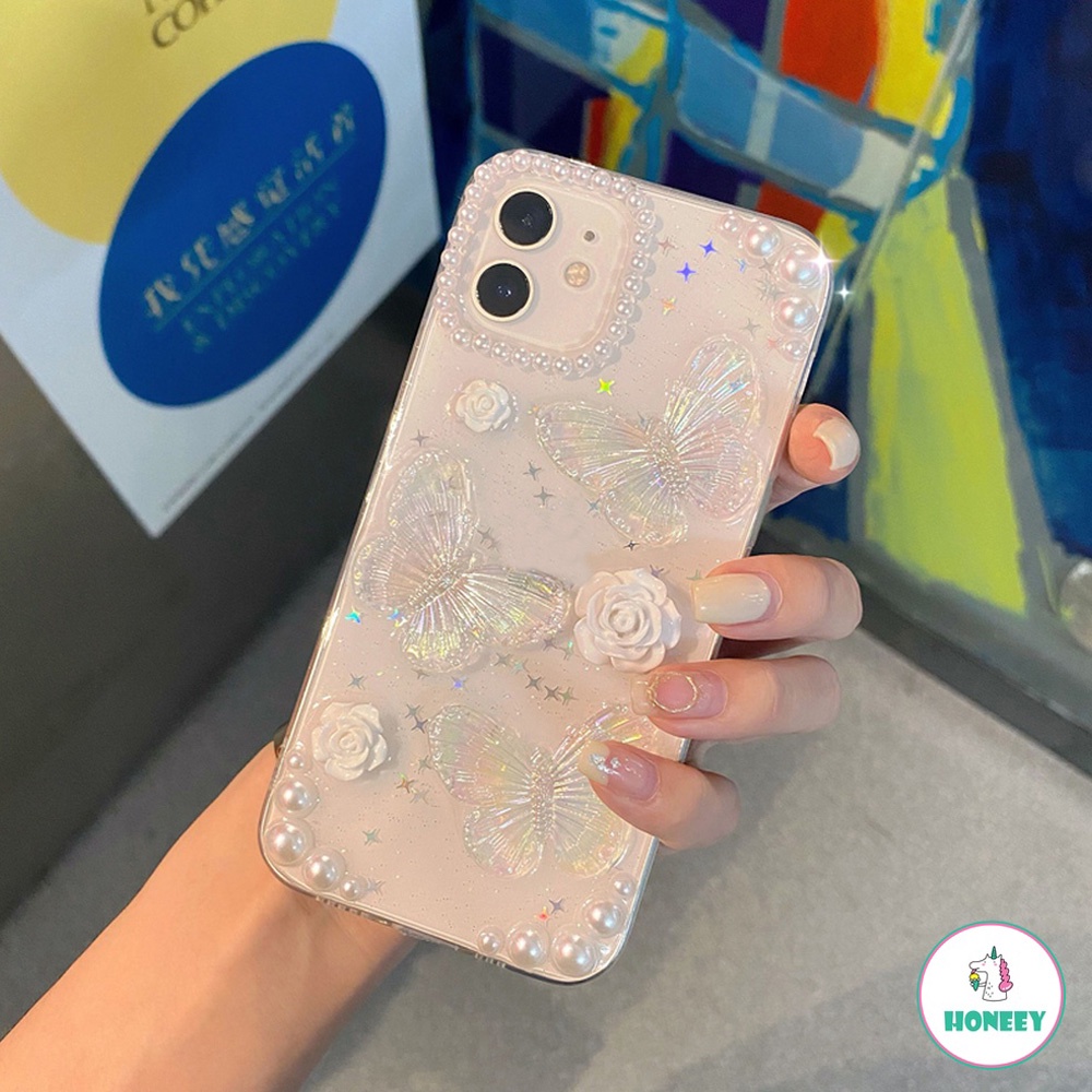 Luxury Glitter Pearl Butterfly Clear Phone Case compatible for Iphone Xr 7Plus 8Plus X XS 14 13 11 12 Pro Max Shock Resistant Soft TPU Back Cover
